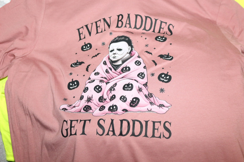 Even Baddies Get Saddies Halloween   Short Sleeve, Crew Neck, T shirt